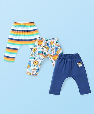 Babyhug Interlock Knit Full Length Diaper Leggings With Stripes & Animals Print Pack Of 3 - Navy White & Yellow