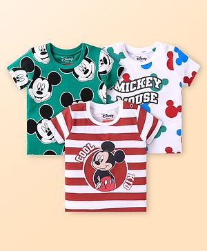 Babyhug Disney Single Jersey Knit Half Sleeves Striped & Mickey Mouse Graphics Pack of 3 - Red Green & White
