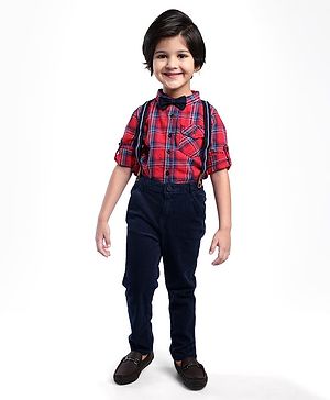 Babyhug Cotton Woven Full Sleeves Checkered Shirt with Jeans Bow & Suspender - Red & Blue