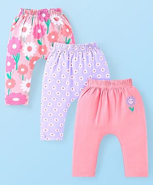Babyhug Interlock Full Length Diaper Leggings With Floral Print Pack Of 3 - Pink & Lavender