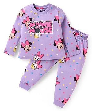 Babyhug Disney Cotton Knit Full Sleeves Night Suit With Minnie Mouses Graphics - Lilac