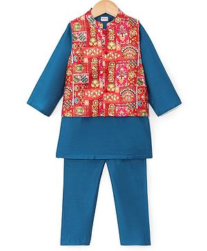 Babyhug Woven Full Sleeves Solid Kurta Pyjama Set with Foil Printed Jacket - Blue