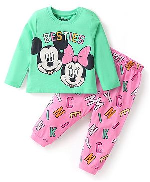 Babyhug Disney Single Jersey Knit Full Sleeves Night Suit with Minnie Mouse & Friends Graphics- Sea Green & Pink