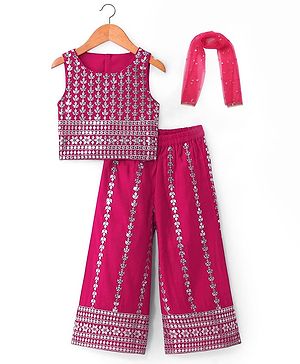 Babyhug Woven Sleeveless Floral Embroidered Top Palazzo Set with Dupatta - Red