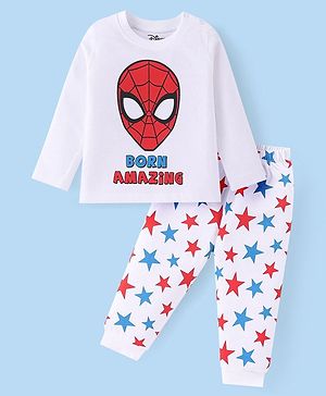 Babyhug Marvel Single Jersey Knit Full Sleeves Night Suit With Spider Man Graphics - White