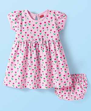 Babyhug Single Jersey Knit Half Sleeves Floral Printed Frock with Bloomer & Bow Applique - Pink
