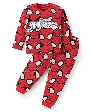 Babyhug Marvel Cotton Knit Full Sleeves Night Suit With Spider Man Print - Red