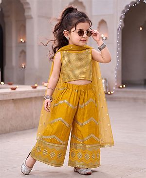 Babyhug Woven Sleeveless Sequined Embroidered Top & Palazzo Set with Dupatta - Mustard