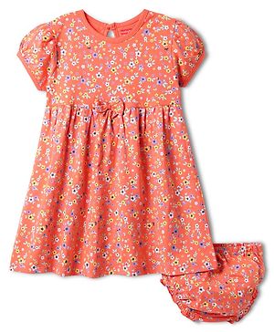 Babyhug Single Jersey Knit Half Sleeves Frock With Floral Print & Bloomer - Peach