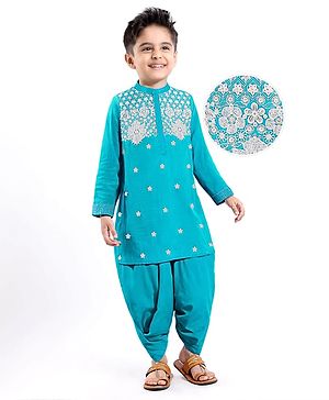 Babyhug Woven Full Sleeves Floral  Embroidered Kurta Dhoti Set -Light Blue