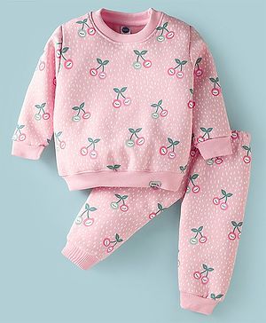 Teddy Fleece Knit Full Sleeves Winter Wear Sweatshirt & Pant Set with Cherry Print - Pink