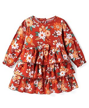 Babyhug Cotton Knit Full Peasant Sleeves Floral Printed Layered Frock with Bow Applique - Red