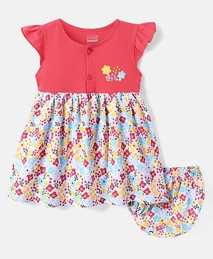 Babyhug Single Jersey Knit Cap Sleeves Frock with Bloomer & Floral Print - Red