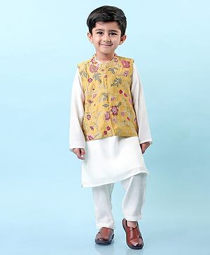 Babyhug Cotton Woven Full Sleeves Kurta & Pajama Set with Floral Embroidered Jacket - Off White
