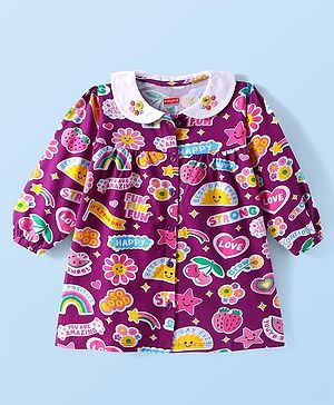 Babyhug Single Jersey Knit Full Sleeves Peter Pan Collar Frock With Rainbow & Text Print - Purple