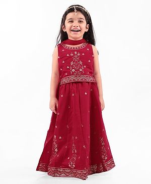 Babyhug Woven Sleeveless Floral Embroidered Kalli Lehenga Choli & Dupatta Set- Red