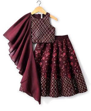 Babyhug Woven Sleeveless Neck Lehenga Choli Set with Floral Embroidery Sequin & Dupatta - Maroon