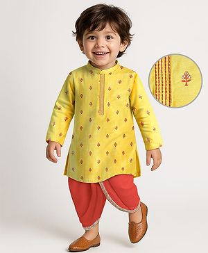 Babyhug Woven Full Sleeves Kurta & Dhoti Set with Sequin Embroidery - Yellow