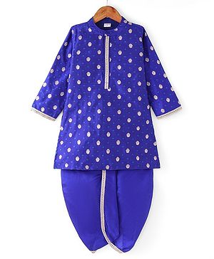 Babyhug Woven Full Sleeves Dobby Foil Printed Kurta Dhoti Set with Lace Detailing - Blue