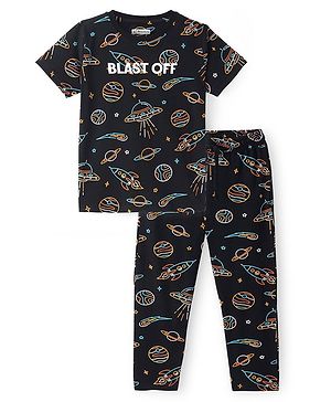 Pine Kids Single Jersey Knit Half Sleeves Space Printed Night Suit - Black