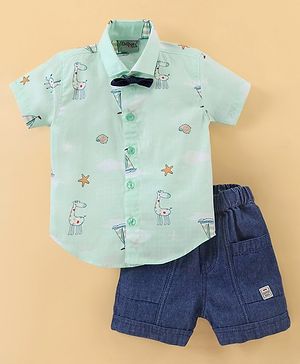 Dapper Dudes Half Sleeves Giraffe Printed Shirt With Bow & Shorts - Sea Green