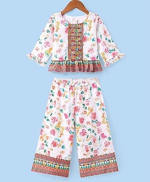 Babyhug Woven Schiffly Full Sleeves Floral Printed Crop Top & Palazzo Set with Frill Detailing - White