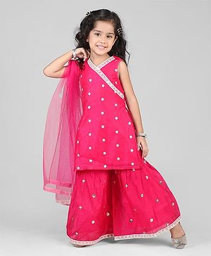 Babyhug Woven Sleeveless Floral Embroidered Kurti Gharara Set with Dupatta - Fuschia