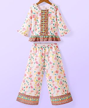 Babyhug Woven Schiffly Full Sleeves Floral Printed Crop Top & Palazzo Set with Frill Detailing - White
