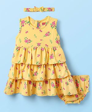 Babyhug Single Jersey Knit Floral Printed Frock With Bloomer & Headband - Yellow