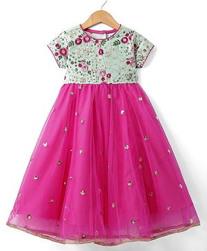 Babyhug Woven Short Sleeves Net Sequenced Ethnic Dress With Floral Embroidery - Fuchsia