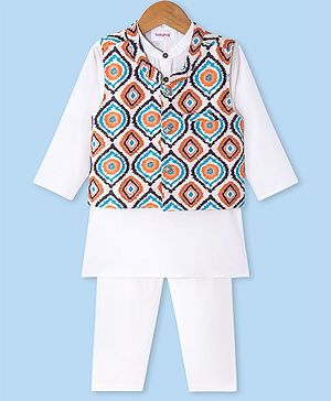 Babyhug Cotton Woven Full Sleeves Solid Kurta Pyjama Set with Printed Jacket - White