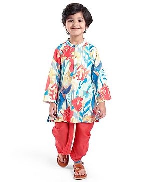 Babyhug Cotton Woven Full Sleeves Floral Printed Kurta Dhoti Set - Red