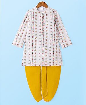 Babyhug Woven Full Sleeves Kurta Dhoti Set With Embroidery & Sequin Design - Yellow & White