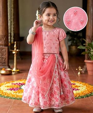 Babyhug Woven Half Puffed Sleeves Floral Printed & Embroidered Choli Lehenga Set with Dupatta - Pink