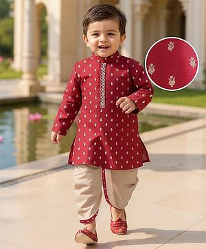 Babyhug Woven Dobby Foil Printed Full Sleeves Kurta Dhoti Set - Red