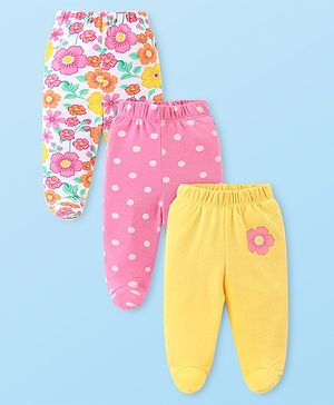Babyhug Cotton Knit Floral & Polka Dots Printed Footed Leggings - Cream Pink & Yellow