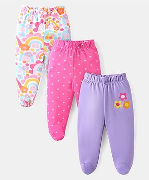 Babyhug Interlock Cotton Knit Bootie Leggings Floral Print Pack of 3 - Pink Purple & White