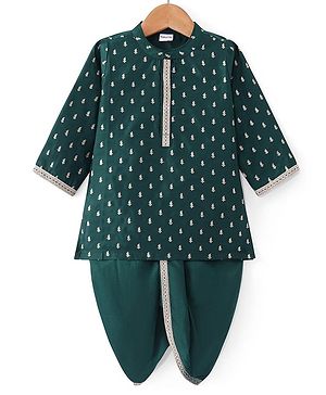Babyhug Woven Dobby Full Sleeves Foil Printed & Embroidered Kurta Dhoti Set - Dark Green