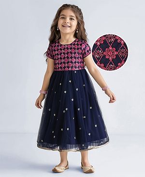 Babyhug Woven Half Sleeves Ethnic Dress With Floral Embroidery & Sequin Detailing  - Navy Blue