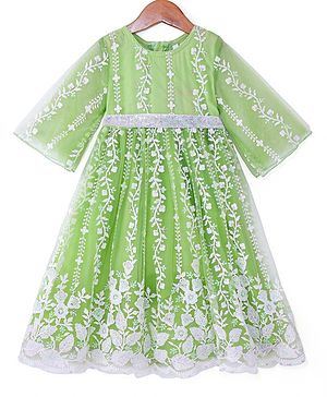 Babyhug Woven Three Fourth Sleeves Floral & Sequin Embroidered Ethnic Dress - Limegreen