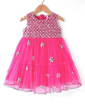 Babyhug Woven Sleeveless Sequin Net Embroidered Ethnic Dress - Pink
