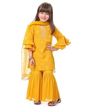Babyhug Woven Three Fourth Bell Sleeves Kurti Gharara & Dupatta Set with Floral Embroidery - Mustard