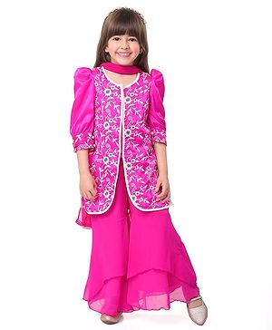 Babyhug Woven Three Fourth Puffed Sleeves Floral Embroidered Kurti Palazzo Set with Dupatta - Pink