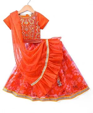 Babyhug Woven Organza Floral Printed
                              Half Sleeves Embroidered Choli Lehenga Set
                              with Frill Dupatta - Orange