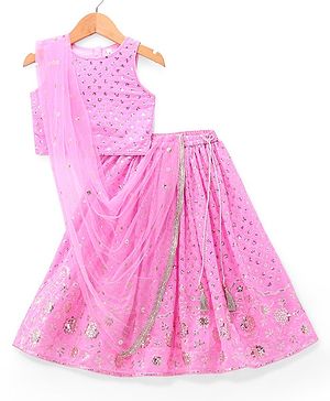 Babyhug Woven Sleeveless Choli Lehenga & Dupatta Set with Sequin Embroidery - Pink
