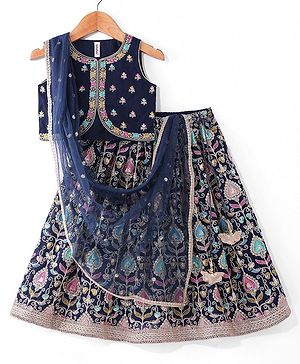 Babyhug Woven Sleeveless  Georgett Sequinned Embroidered Lehenga Choli & Dupatta Set-Navy Blue