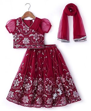 Babyhug Woven Puffed Sleeves Sequin Embroidered Choli Lehenga Set with Dupatta - Red
