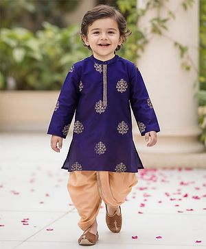 Babyhug Woven Full Sleeves Floral Embroidered Kurta with Dhoti Set - Navy Blue
