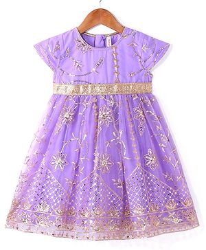 Babyhug Woven Short Sleeves Net Sequin Floral Embroidered Ethnic Dress -  Lavender