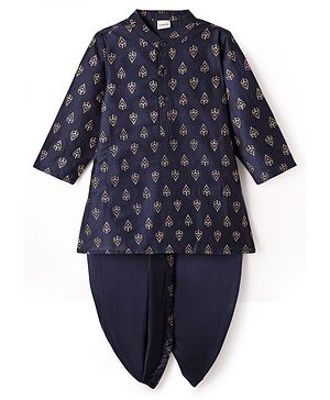 Babyhug Woven Full Sleeves Kurta Dhoti Set with Ethnic Motif Glitter Print - Navy Blue
